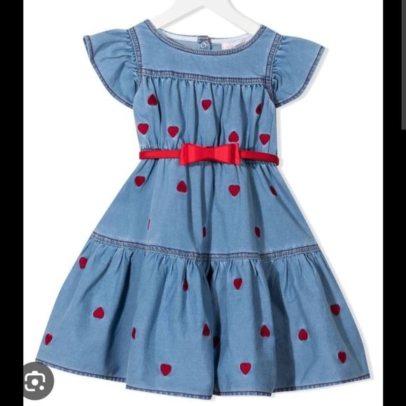 Monnalisa Denim Smock Dress w/ Heart detail and Bow Belt - Picture 1 of 9